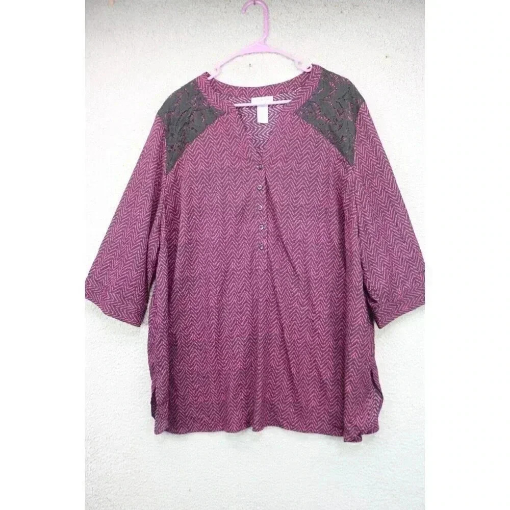 Catherine's Purple and Black Tunic-3/4 Sleeves-Size 2X-Lace-Herringbone